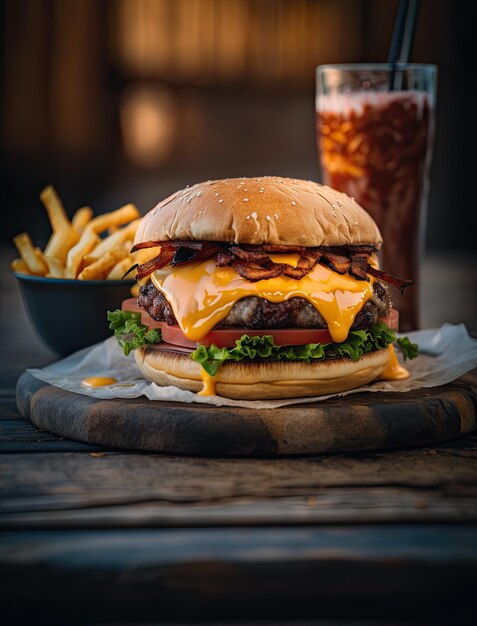 Una hamburguesa con queso con patatas fritas