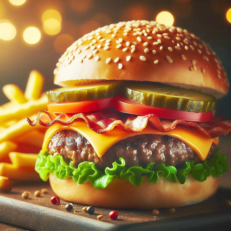 una hamburguesa con queso y un pepinillo verde