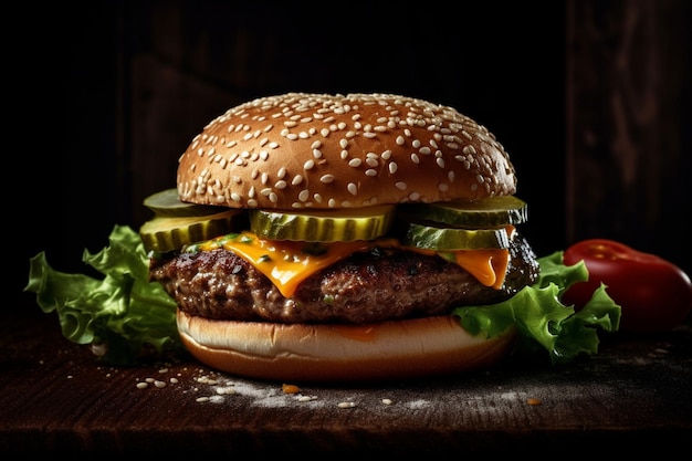 Una hamburguesa con queso y pepinillos encima