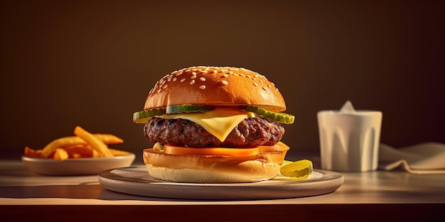 Una hamburguesa con queso y pepinillos se sienta en una mesa.