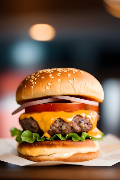 Una hamburguesa de queso perfecta en la mesa fotografía profesional de comida de alta calidad