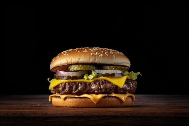 Hamburguesa de queso perfecta con verduras sobre mesa de madera y fondo negro Ai generativo