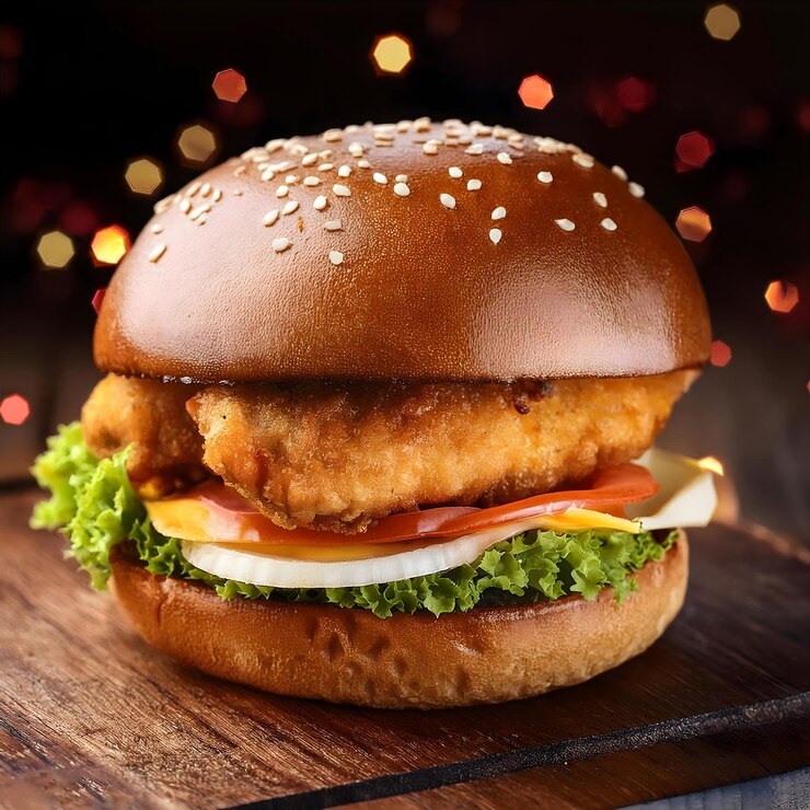 Hamburguesa de queso con pollo, tomate y lechuga.