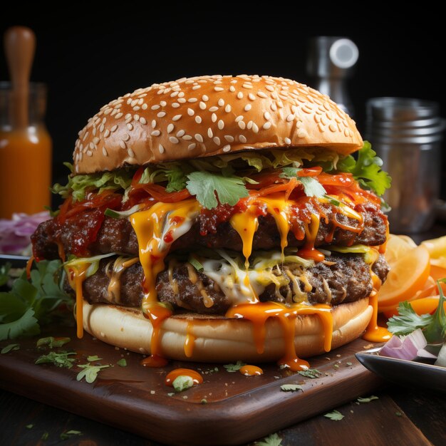 una hamburguesa con queso y queso en una tabla de cortar