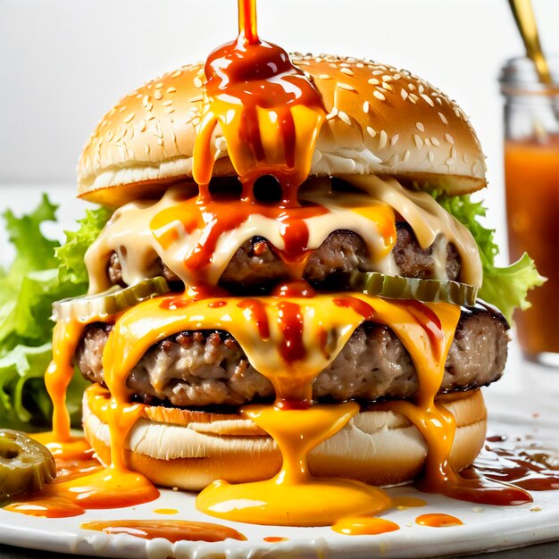 Foto una hamburguesa de queso con salsa goteante