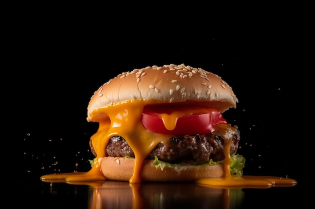 Una hamburguesa con queso con salsa de tomate