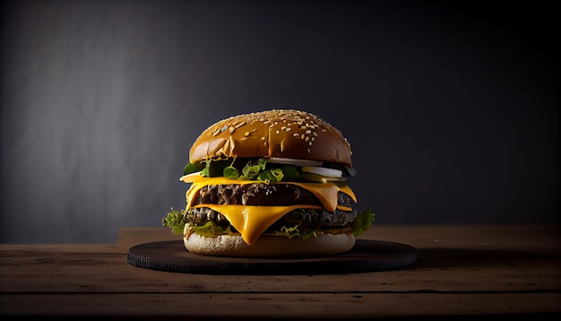 Hamburguesa de queso sobre fondo negro con iluminación de estudio Concepto de comida y entrega