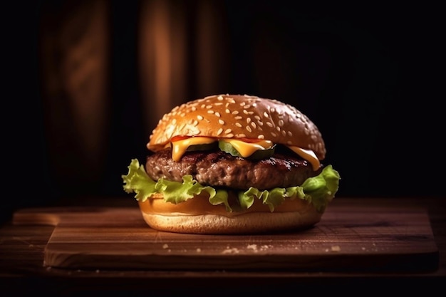 Una hamburguesa con queso sobre una mesa de madera.