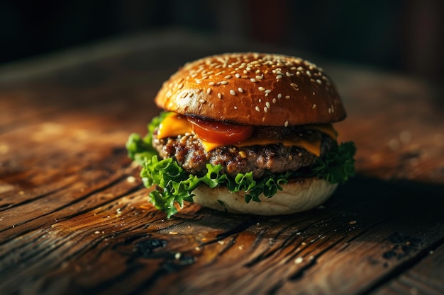 Una hamburguesa con queso sobre una superficie de madera