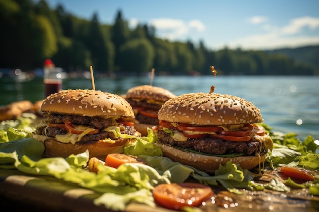 Una hamburguesa con queso suizo en un picnic al borde de un sereno lago generativo IA