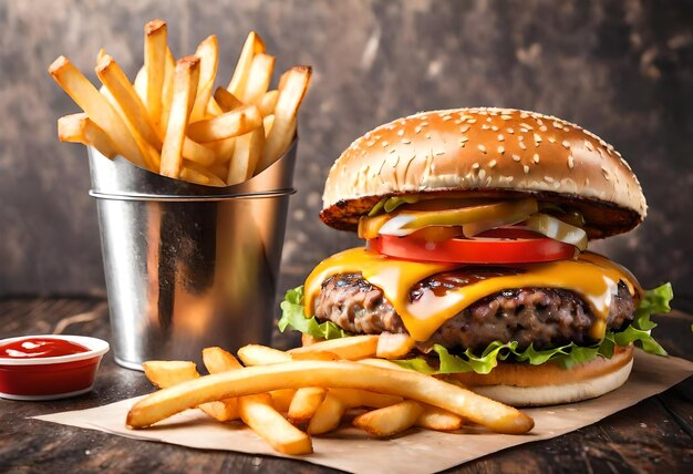 una hamburguesa con queso con una taza de papas fritas al lado