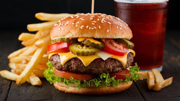 una hamburguesa con queso con una taza de refresco a su lado