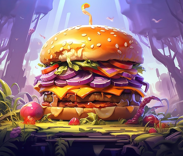 Hamburguesa con queso de ternera y verduras Ilustración vectorial realista