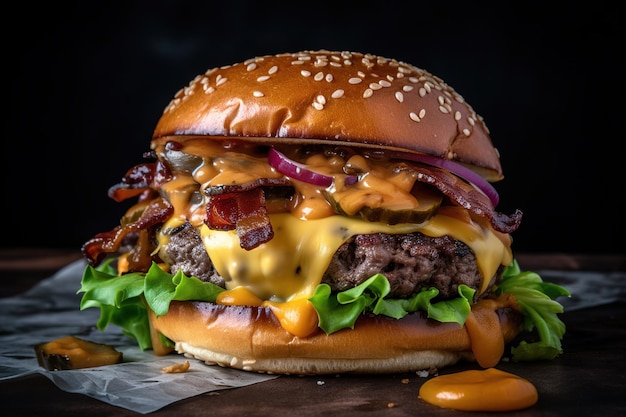 Una hamburguesa con queso con tocino y cebolla se asienta sobre una superficie oscura.