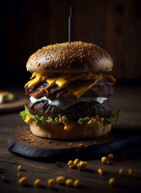 Una hamburguesa con queso y tocino encima