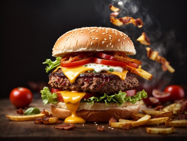 Hamburguesa de queso con tocino y papas fritas en la iluminación del estudio cinematográfico y fotografía de alimentos de fondo