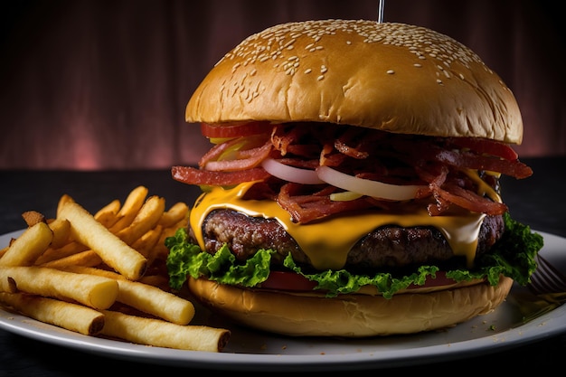 Una hamburguesa con queso y tocino y papas fritas se muestran de cerca en un plato