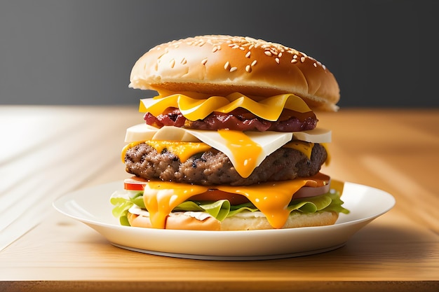 Una hamburguesa con queso, tocino y tomate en un plato.