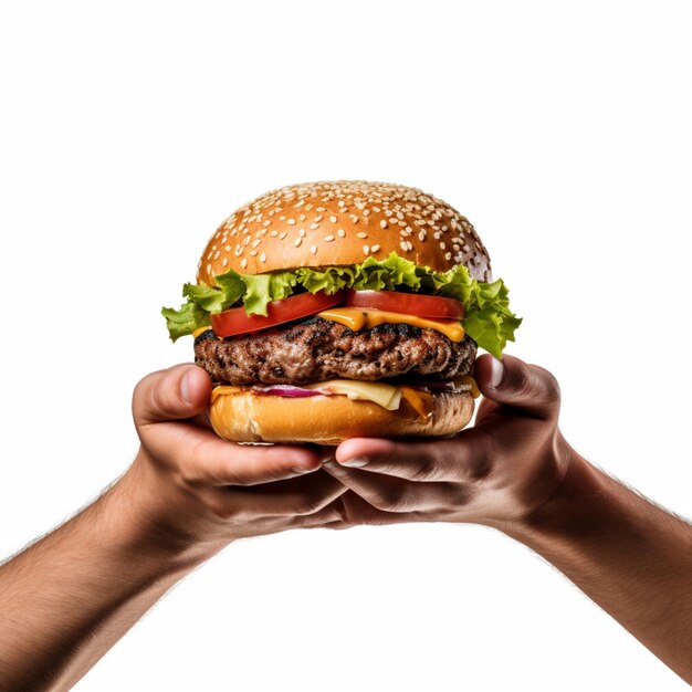 Foto hamburguesa de queso de tomate brioche gourmet con fondo blanco arte generado por ia