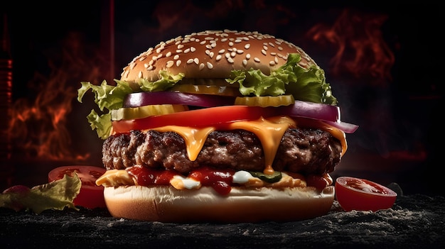 Una hamburguesa con queso, tomate y cebolla encima.