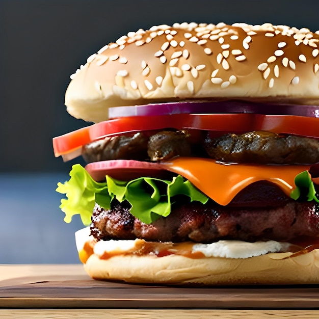 Una hamburguesa con queso, tomate y cebolla encima.