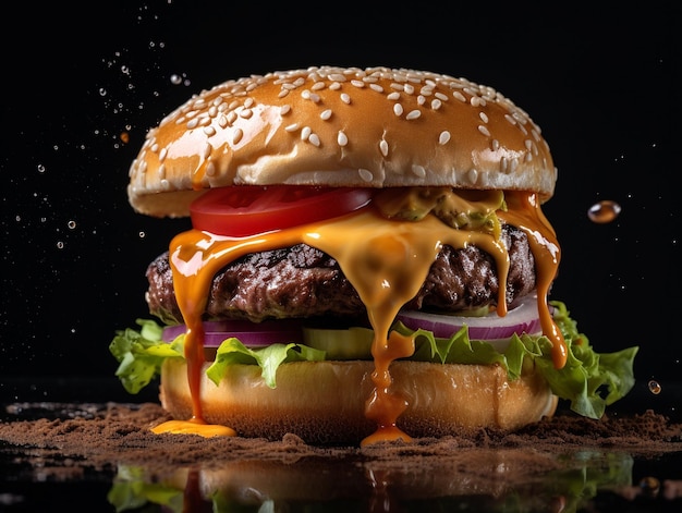 Una hamburguesa con queso, tomate y cebolla sobre un fondo negro