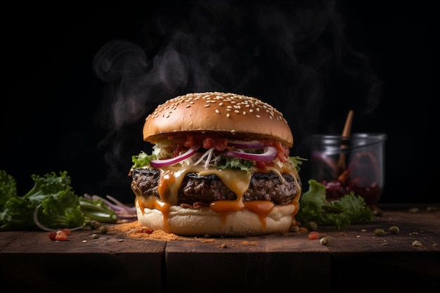 Una hamburguesa con queso, tomate y cebolla sobre una tabla de madera.