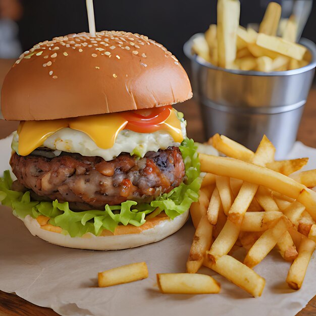 una hamburguesa con queso y tomate en ella se sienta en una mesa