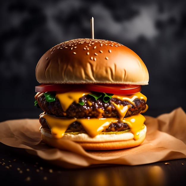 Foto una hamburguesa con queso y tomate encima