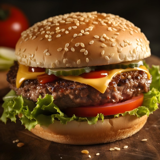 Una hamburguesa con queso y tomate encima