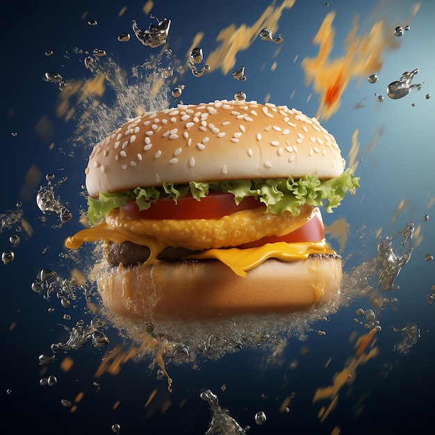 Una hamburguesa con queso y tomate está rodeada de agua.