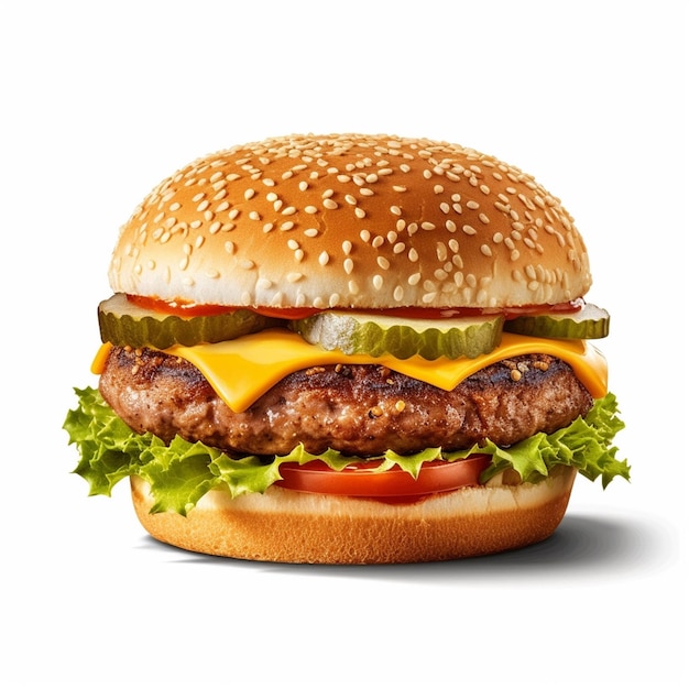 Una hamburguesa con queso, tomate y lechuga encima.