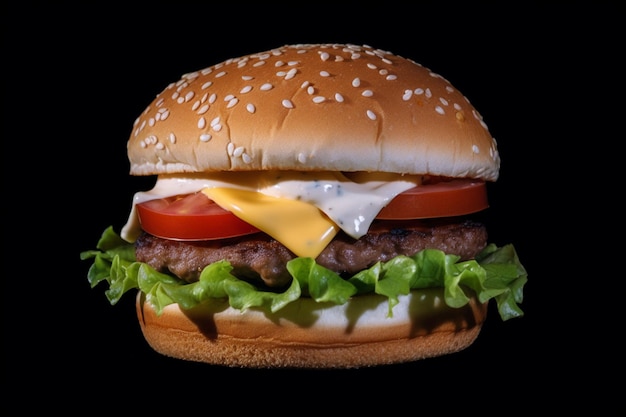 Una hamburguesa con queso, tomate y lechuga encima.