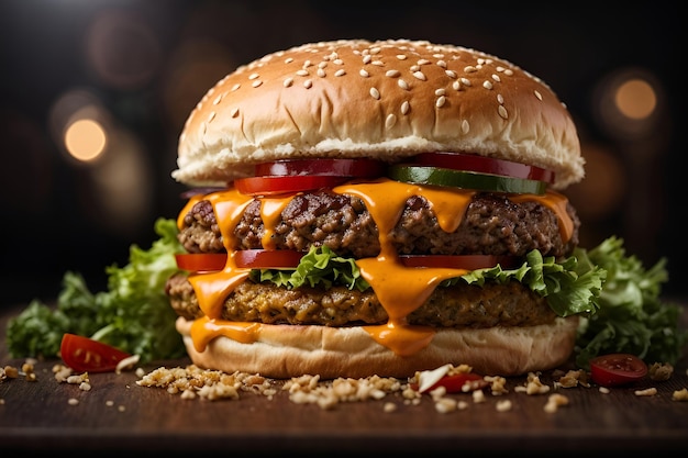 Una hamburguesa de queso con tomate de lechuga y otras coberturas