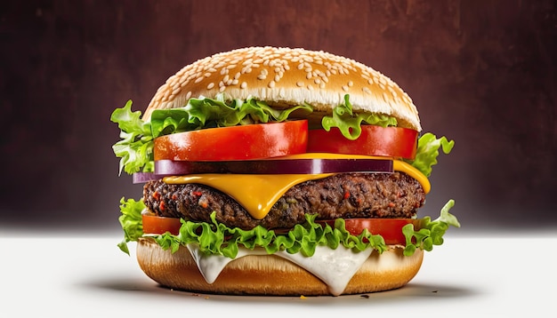 Una hamburguesa con queso, tomate, lechuga y tomate encima.