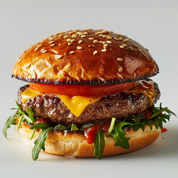 Foto una hamburguesa con queso y tomate está sentada en una mesa