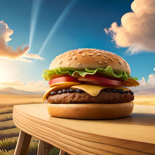 Una hamburguesa con queso y tomate se sienta sobre una mesa en un campo.