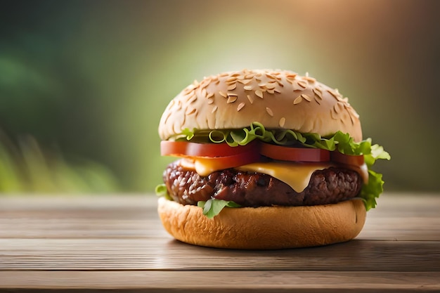 Una hamburguesa con queso y tomate sobre una mesa de madera.