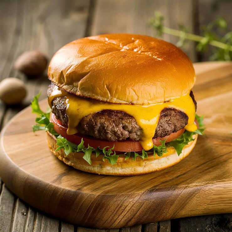 una hamburguesa con queso y tomate sobre una tabla de madera