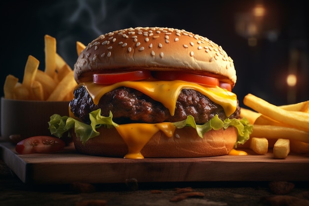 Una hamburguesa con queso y tomate sobre una tabla de madera.