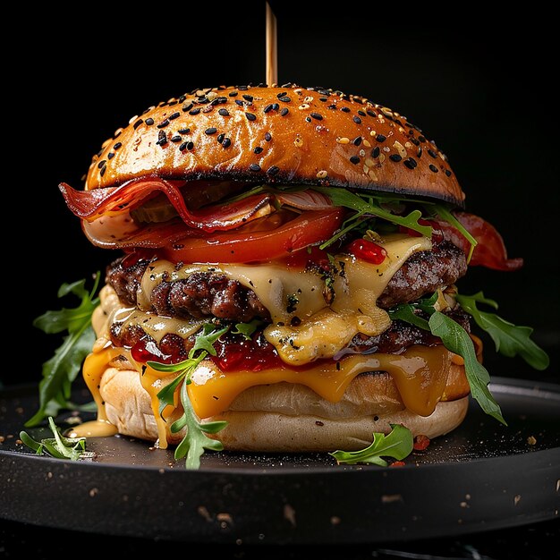 una hamburguesa con queso y tomates en él está en un fondo negro