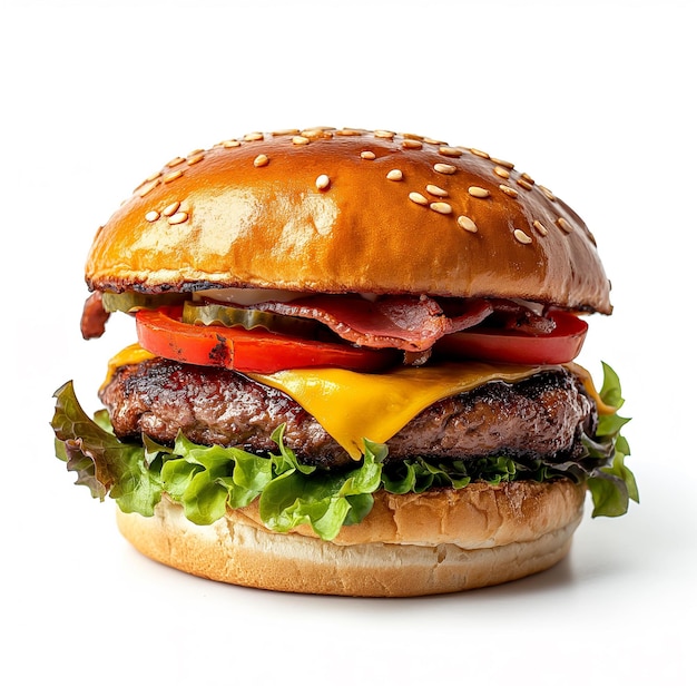 una hamburguesa con queso y tomates está sentada sobre un fondo blanco