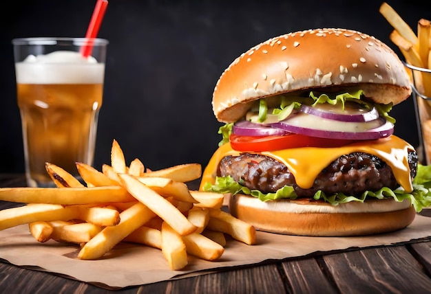 una hamburguesa de queso con un vaso de cerveza a su lado y una taza de cerveza