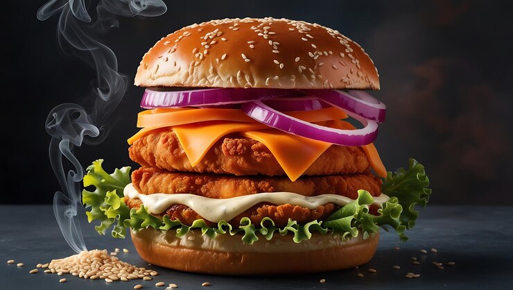 Una hamburguesa con queso y verduras encima