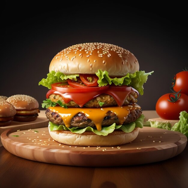 Hamburguesa con queso, verduras frescas y pan de semillas de sésamo sobre un fondo negro