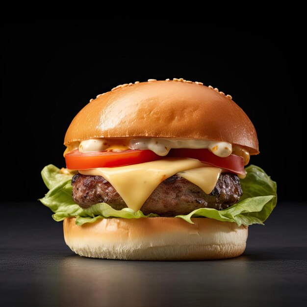 Hamburguesa con queso y verduras sobre un fondo negro