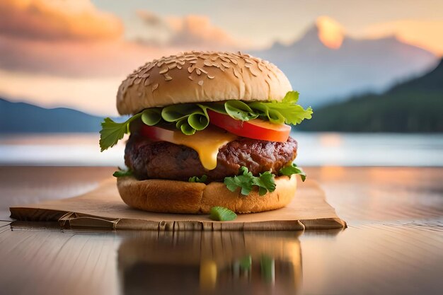 Una hamburguesa con queso y verduras sobre una mesa.