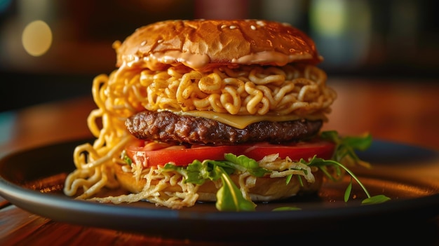 Hamburguesa de ramen en plato oscuro