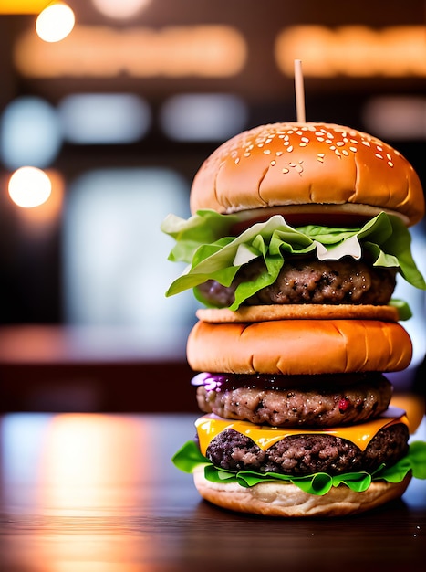 Hamburguesa realista restaurante acogedor iluminación cálida