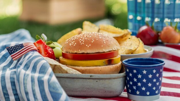 una hamburguesa con una rebanada de fruta en ella se sienta al lado de algún otro alimento